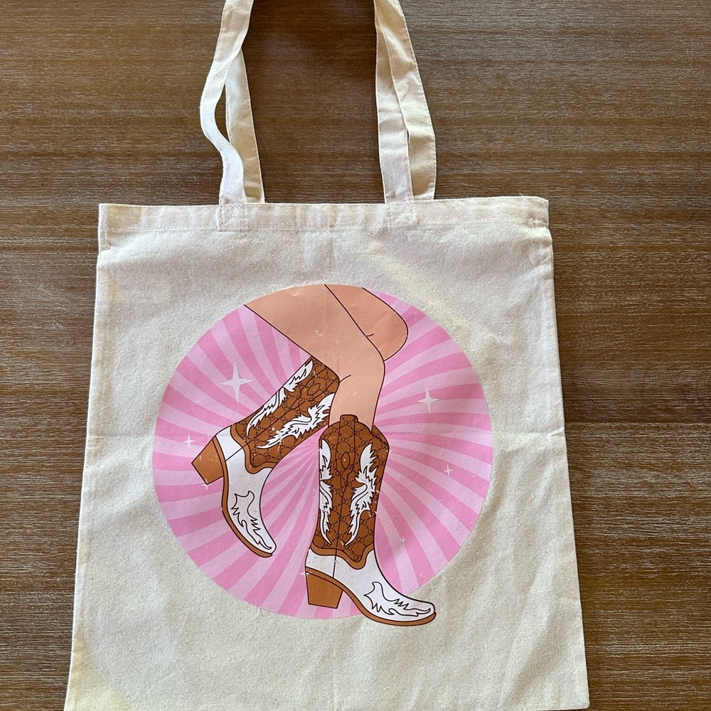 Stylish Cream Tote Bag with Western Boot Design